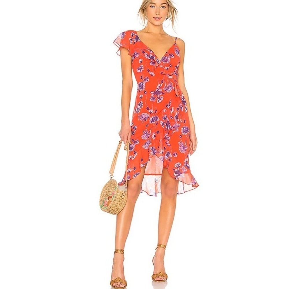 House of Harlow Women Red Floral Wrap Dress Extra Small Ruffle Revolve Midi XS